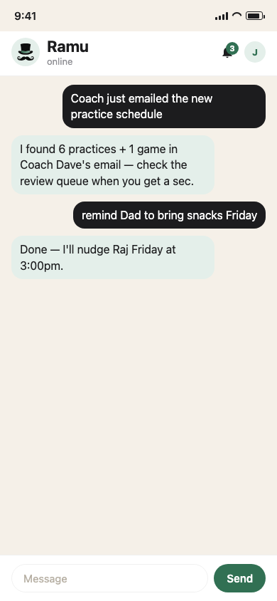 Ramu chat screen: a coach's email becomes six practice events and a game, proposed for review