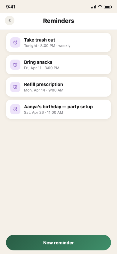 Reminders screen