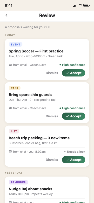 Ramu review queue: proposed event, task, list, and reminder awaiting approval