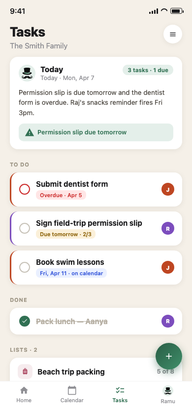 Tasks and lists screen